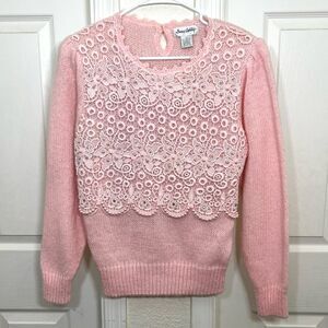 Vintage Dana Ashley 80’s Soft Pink Lace and Pearl Embellished Sweater Size S